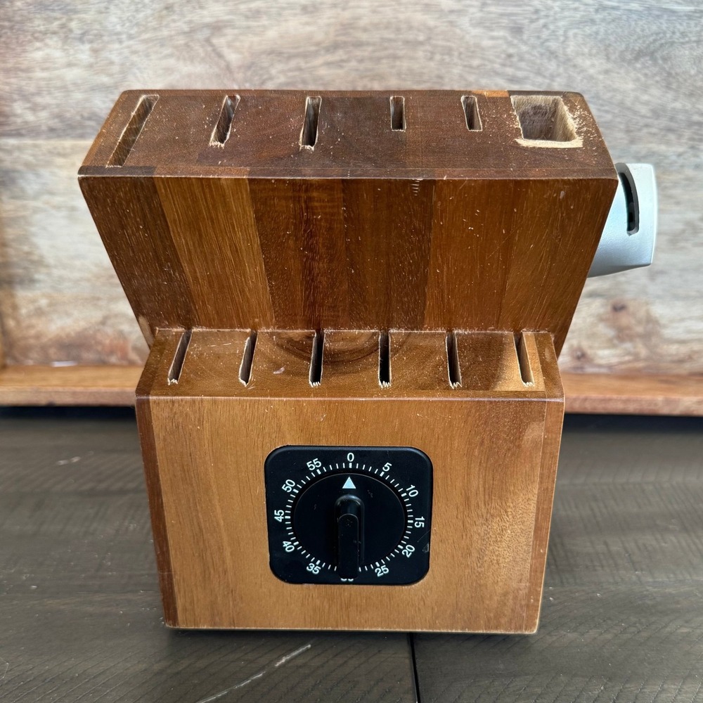 Vintage Wood Knife Block built in‎ Timer, sharpener Holder Storage Organizer
